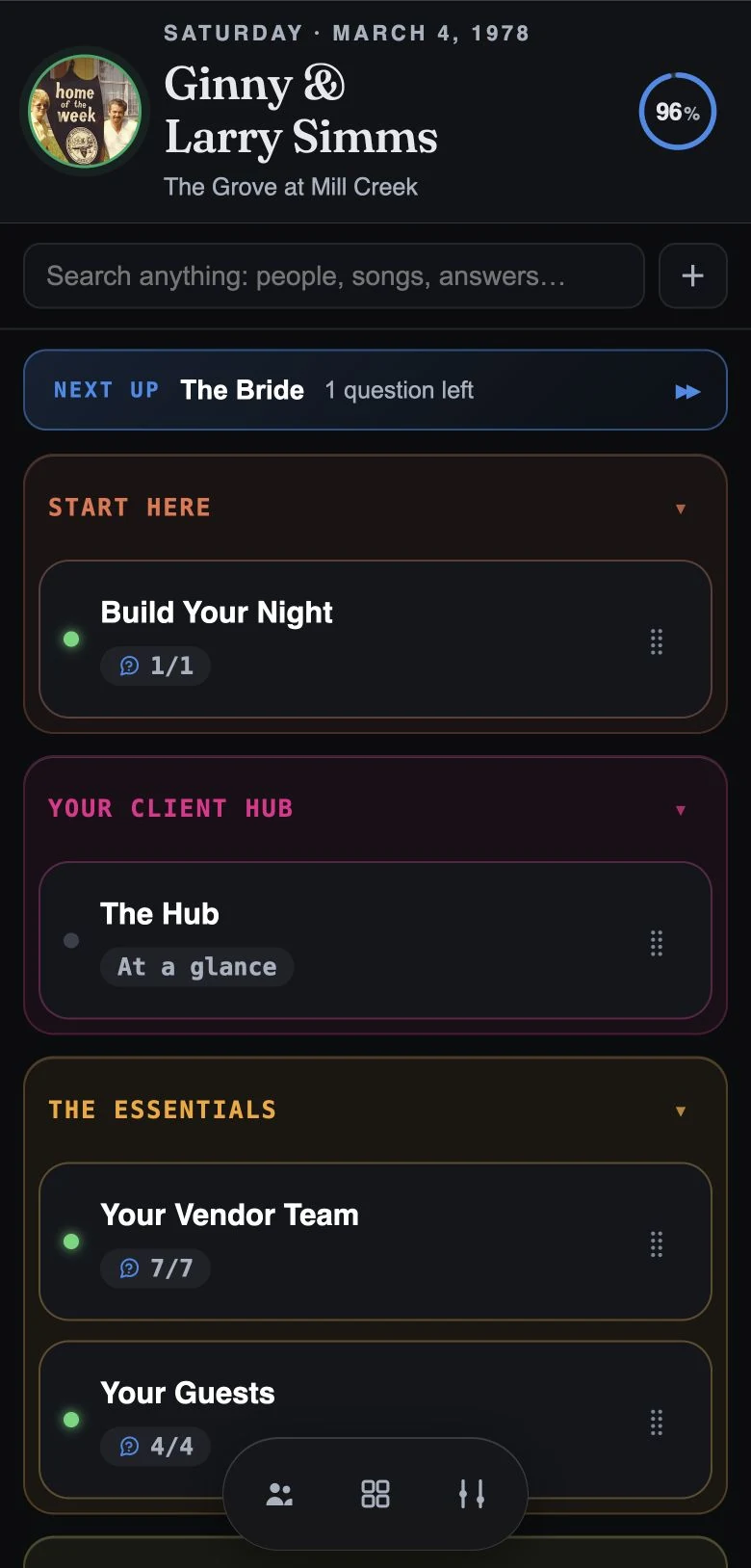 The same EQ timeline on a phone, with the next-up bar and the sections the couple works through