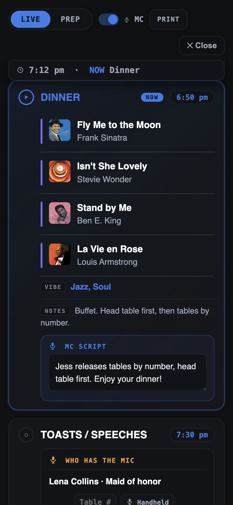 The DJ's run of show on a phone, live at 7:12 pm: dinner is on now with its songs and MC script, and toasts at 7:30 are next