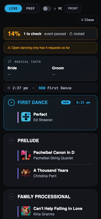 The DJ's run of show, live view